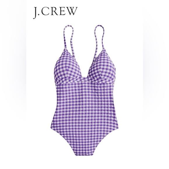 J.Crew Plunge‎ One Piece Gingham Swimsuit Size 18 Purple & White Seersucker - Picture 2 of 14